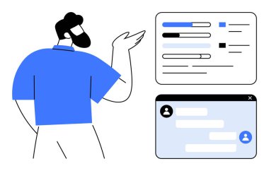 İlerleme çubukları ve sohbet penceresine doğru hareket eden bir adam. Analiz, işbirliği, üretkenlik, proje yönetimi, kullanıcı etkileşimi, eğitim, basit iniş sayfası için ideal