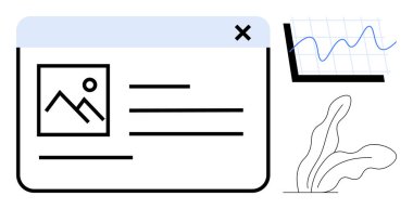 Resim ve metin düzenini gösteren tarayıcı penceresi, veri eğilimlerini gösteren çizgi grafiği, soyut bitki. Web tasarımı için ideal, içerik oluşturma, analitik, veri görselleştirme, raporlar, yenilik basit
