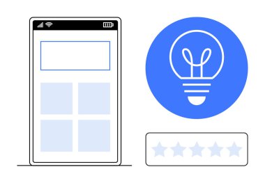 Ana hatlı uygulama düzeni olan akıllı telefon ekranı, yenilik için mavi ampul, ve beş yıldızlı derecelendirme bölümü. Teknoloji, yaratıcılık, geri bildirim, tasarım, mobil uygulamalar, fikirler için ideal basit iniş sayfası