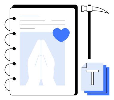 Dua eden elleri ve kalbi olan defter sayfası, katmanlı metin belgeleri, ve kendini adamayı, yaratıcılığı ve inancı sembolize eden kazma. Maneviyat, dua, üretkenlik ve eğitim için ideal