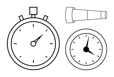 Kronometre, saat ve teleskop taslağı. Zaman yönetimi, üretkenlik, planlama, öngörü, keşif hedefleri ve strateji için idealdir. Basit bir düz metafor.