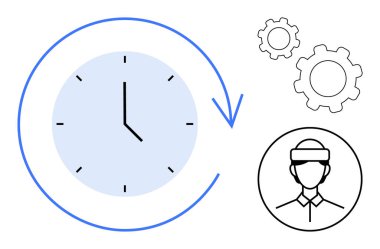 Dönüşü gösteren oklu saat, iki dişli çarklı sembolik süreç, şapkalı kullanıcı silueti. Zaman yönetimi, üretkenlik, süreç optimizasyonu, iş akışı, HR, iş gücü ve basit bir