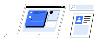 Kullanıcı arayüzünü metin, form, üstteki arama çubuğu ve yakınlardaki profil kartı ile gösteren bir dizüstü bilgisayar aç. UX tasarımı, üretkenlik, çevrimiçi araçlar, teknoloji, arayüz tasarımı dijital iletişim için ideal