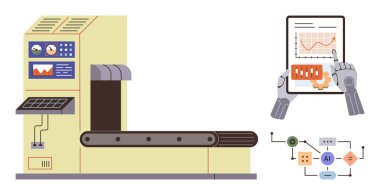 Robot teknolojisiyle çalışan taşıma bandı dijital tabletteki üretim verilerini analiz ediyor. Veri odaklı optimizasyon, yapay zeka akışı ve verimlilik. Teknoloji ve otomasyon için ideal.