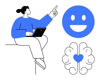 Tabletle yukarıya bakan bir kadın, gülümseyen büyük bir yüz, kalp merkezli beyin çizimi. Ruh sağlığı, eğitim, farkındalık, ilham, dijital öğrenme, üretkenlik için ideal basit iniş