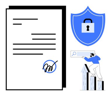 Güvenlik kalkanının yanında imzalı belge, arama çubuğunun üst kısmında yükselen grafiği analiz eden adam. Gizlilik için ideal, anlaşma yetkisi, veri güvenliği, arama, büyüme, analiz, basit daire