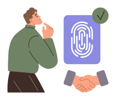 El sıkışma güveni sembolize ederken parmak izi doğrulamayı düşünen bir adam. Güven, biyometri, güvenlik, karar verme, kimlik doğrulama, işbirliği ve teknoloji için idealdir. Basit bir daire.