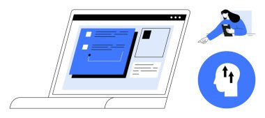 İnteraktif elementlerle dijital arayüzü, tablet tutan kişiyi ve soyut yaratıcılık simgesini içeren dizüstü bilgisayar ekranı. Yenilik için ideal, UXUI tasarımı, çevrimiçi eğitim, takım çalışması, dijital
