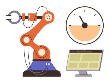 Robot kol görevini yerine getiriyor, hız göstergesi aktivite durumunu gösteriyor, kontrol arayüzü için bilgisayar ekranı. Teknoloji, otomasyon, robotik, imalat, verimlilik, yenilik için ideal basit