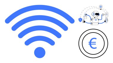 kablosuz sinyal simgesi, otomasyon işlemleri ve avro para birimi elemanı. Teknoloji, bağlantı, dijital finans, yapay zeka, otomasyon akıllı tasarımlar için idealdir. Basit.
