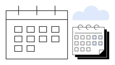 Üzerinde bulut olan daha küçük spiral takvimin yanında büyük takvim ızgarası. Zamanlama, zaman yönetimi, randevular, organizasyon, verimlilik, etkinlik planlaması için ideal, basit düz metafor