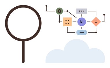 Yapay zeka akış şeması yakınındaki büyüteç bulutun üstündeki çeşitli elementlere bağlanıyor, analizi gösteriyor. Başlıklar için idealdir Yapay Zeka, teknoloji, veri analizi, yenilik, otomasyon, araştırma