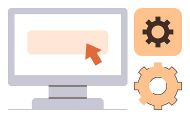 Girdi alanını işaret eden imleci olan bilgisayar monitörü, yapılandırma için iki dişli simgesi eşliğinde. Ayarlar, geliştirme, kullanıcı deneyimi, kişiselleştirme, iş akışı, uygulama için ideal