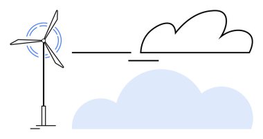 Soyut bulutların etrafında dönen rüzgar türbini temiz enerjiyi ve çevreyi korumayı temsil ediyor. Yenilenebilir enerji, sürdürülebilirlik, temiz enerji, doğa, çevre dostu yaşam için ideal