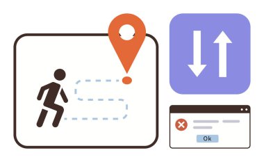 Hedefe giden yolu takip eden insan figürü, hata mesajı kutusu ve yukarıdan aşağıya ok işareti. Navigasyon, hata işleme, veri transferi, ilerleme, teknoloji, iletişim için ideal basit düz metafor