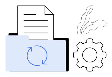 Dizin üzerinde dönen oklar, yukarıda belge, dişli sembolik ayarlar, soyut yapraklar. Veri senkronizasyonu, organizasyon, otomasyon, iş akışı, yazılım kurulum verimlilik araçları için ideal basit düz
