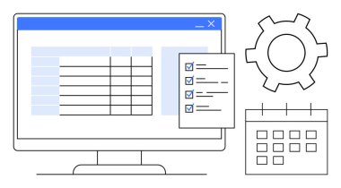 Masa, kontrol listesi, takvim ve teçhizatlı masaüstü ekranı. Görev takibi, verimlilik, takvim, takım çalışması, organizasyon zamanı yönetimi için ideal basit iniş sayfası