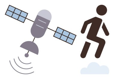 Uydu buluta basan bir insan figürünün etrafında dalgalar yayıyor. Bağlantı, iletişim, teknoloji, yapay zeka, veri alışverişi, yenilik, dijital dönüşüm için ideal. Basit.