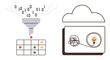Ampule giden karmaşık bir kabloyla birlikte bir bacadan ızgaraya işlenmiş ikili veri girişi. Yapay zeka, teknoloji, bulut hesaplama, veri örgütü, yenilik ve problem çözme için ideal