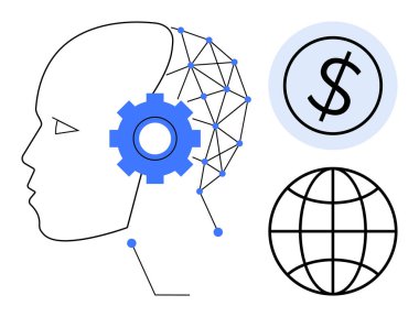 Sinir ağı ve teçhizatlı insan profili, dolar işareti ve dünya. Yapay zeka, teknoloji, yenilik, ekonomi, fintech küreselleşme otomasyonu için idealdir. Basit bir düz metafor.