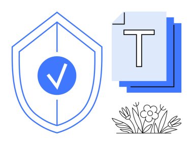 Kalkan ve kontrol işareti güvenliği simgeler, belgeler veriyi veya içeriği simgeler, ve çiçek tasarımı yaratıcılığı simgeler. Siber güvenlik, veri yönetimi, belge güvenliği, yaratıcı projeler için ideal