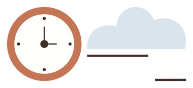 Bulut ve yatay çizgilerin yanında ahşap çerçeveli duvar saati, zaman, hava, veri ve dijital temaları birleştiriyor. Üretkenlik, hava durumu, iletişim, ritim veri depolama için ideal