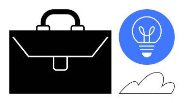 Çalışmayı simgeleyen siyah evrak çantası fikirler için mavi ampul çemberi ve minimalist bulut elementi. İş için ideal, yenilik, takım çalışması, yaratıcılık, profesyonel büyüme, başlangıç için basit iniş