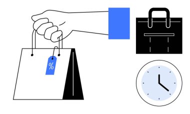 İndirim etiketli el çantası, siyah çanta, ve saat vitrinli perakende satış, zaman yönetimi, ticari planlama, satış stratejisi, iş hayatı tarzı ve basit düz metafor.