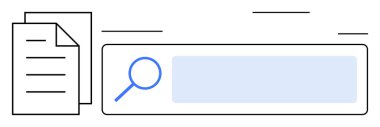 İçinde büyüteç bulunan arama çubuğunun yanında metin satırları olan bir belge. Araştırma, analitik, arama motorları, teknoloji, dosyalama, eğitim, iş, basit iniş sayfası için ideal