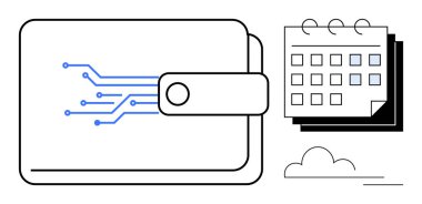 Mavi devreli dijital cüzdan, birkaç günlük takvim ve minimum bulut aksanı. Finans, teknoloji, planlama, planlama, güvenlik, zaman yönetimi ve yenilik için ideal
