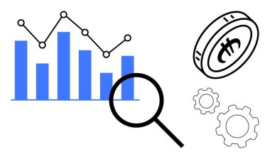 Yukarı doğru eğilimli çubuk grafik, büyüteç, kripto para, ve analizi temsil eden vites, finans, yenilik, kripto para birimi, karar verme teknolojisi. Fintech çözümleri için ideal
