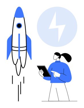 Bir roket ve enerji cıvata ikonu yanında elinde tablet tutan kadın, yenilik, enerji ve ilerlemeyi sembolize ediyor. Girişimler için ideal, teknoloji, yaratıcılık, başarı, eğitim büyümesi için basit iniş
