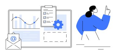 İş kadını veri tablosundaki çizelgeleri, listeyi, e-postayı ve ayarları incelerken işaret ediyor. Takım çalışması, strateji planlaması, üretkenlik, organizasyon, e-posta kampanyaları için ideal dijital pazarlama