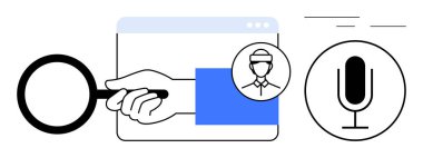 Büyüteç, tarayıcı penceresinde yanında mikrofon olan kullanıcı profilini inceler. Kullanıcı araması, kimlik doğrulama, iletişim araçları, teknoloji, ses komutu, soruşturma için ideal