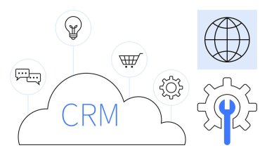 Sohbet baloncukları, ampul, alışveriş arabası, vites ve küreye bağlı CRM etiketli bulut. Müşteri yönetimi, teknoloji, iletişim, yenilik e-ticaret ağı için ideal basit bir daire