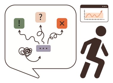 Karmaşık yolu olan konuşma balonu bağlanma seçenekleri, X, yürüyen şahıs figürü, grafik penceresi. Çözümler, hedefler, analiz, zorluk planlama stratejisi için ideal basit düz metafor