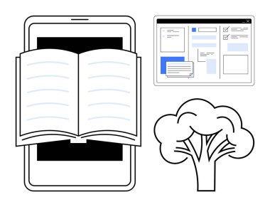 Tablet, sekmeli tarayıcı ve dijital öğrenme, çevrimiçi eğitim ve ekolojik bilinç artışı üzerine açık bir kitap. Sürdürülebilirlik, e-öğrenme, okuma, eko-teknoloji sanal için ideal