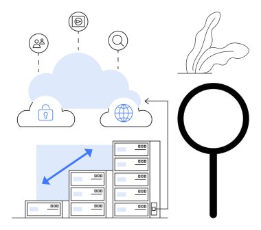 Güvenli sunuculara, küresel erişime ve büyüteçlere bağlı bulut hesaplama altyapısı. Teknoloji, iletişim, siber güvenlik, bulut hizmetleri, veri analizi, yenilik bilişim illüstrasyonu için ideal