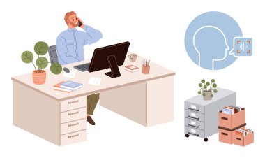 Ofis çalışanı telefonda bilgisayar, fabrika, doküman ve depo çekmeceleri dahil masa kurulumuyla konuşuyor. Üretkenlik, uzaktan çalışma, iletişim, yönetim, iş hayatı dengesi için ideal