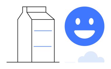 Açık mavi mutlu yüz ve küçük bulut yanında doğrusal olarak süt kutusu. Markalaşma, ambalaj, eko kavramları, tüketici malları, pozitiflik, sağlık, sade iniş sayfası için ideal