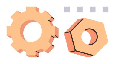 Tekerlek ve altıgen fındık düz dizayn edilmiş, nötr tonlarda. Takım çalışması, endüstri, mekanik, üretkenlik, mühendislik, yenilik ve problem çözme kavramları için idealdir. Basit düz metafor