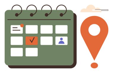 Vurgulanmış olayları içeren yeşil takvim, kullanıcı simgesi, görev kenesi, konum iğnesi ve soyut bulut ögesi. Planlama, organizasyon, programlama, toplantılar randevuları hatırlatmak için idealdir