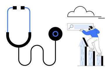 Arama çubuğuyla etkileşen steteskop ve büyüme grafiğindeki kişi sağlık ve veri analizini ön plana çıkarıyor. Sağlık teknolojisi, araştırma, yenilik, analitik, iş, büyüme ve basit daire için ideal