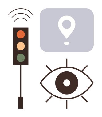 Radar sinyalli trafik ışığı, göz sembolü ve yön, takip ve gözetleme noktalarını gösteren lobut. Basit bir navigasyon, teknoloji, güvenlik ve veri haritalama işlemi için ideal