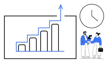 Büyüme oku, saat ve iki profesyonel el sıkışıyor. Büyüme, ortaklık, ilerleme, zaman yönetimi, hedef belirleme başarısı için idealdir. Basit düz metafor