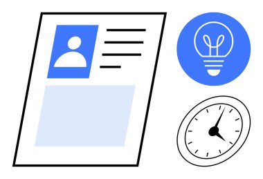 Kişisel detayları saatle vurgulayan profil düzeni, fikir veya yenilik için ampul. Üretkenlik, zaman yönetimi, yenilik, yaratıcılık, profil, dijital araçlar, basit