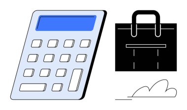 Finans, muhasebe ve ofis işlerini sembolize eden parlak bir evrak çantasının yanında işaretlenmiş ekranlı hesap makinesi. İş, hesaplama, bütçe, analitik, ekonomi planlaması için idealdir.