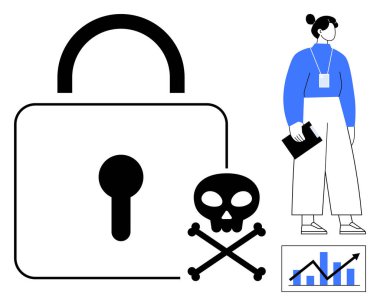 Asma kilit güvenliği sembolize eder. Tehlike için kafatası çapraz kemikleri, profesyonel dosya ve veri tablosu. Siber güvenlik, veri analizi, çevrimiçi güvenlik, risk yönetimi ve bilgisayar korsanlığı için ideal
