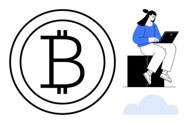 Küp üzerinde oturan ve dizüstü bilgisayarda yazan bir kadının yanında ana hatlı olarak Bitcoin logosu. Finans, kripto para birimi, yatırım, teknoloji, uzaktan çalışma, dijital ekonomi ve blok zinciri için ideal. Basit.