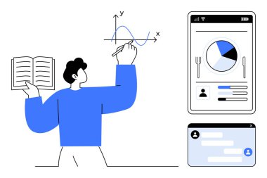 Bir kitabı referans gösterirken eksen grafiğine yazan kişi. Yakınlarda akıllı bir telefon pasta grafiği istatistikleri gösterir ve bir sohbet arayüzü ortaya çıkar. Eğitim, veri analizi, iş anlayışı ve cep telefonu için ideal